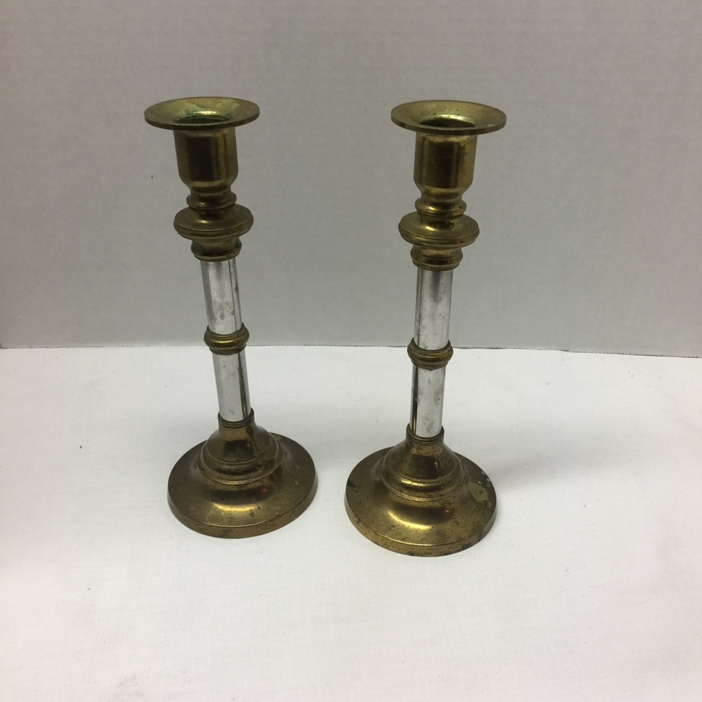 Vintage candle stick holders Art Deco Metal and brass Patina MCM Mid Century